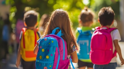 Back to school concept, happy group of children walking to school. Young girls & boys with backpacks & rucksacks. Inclusive positive education banner