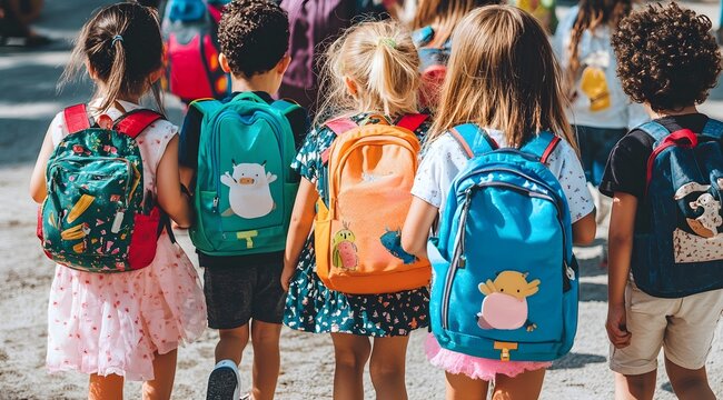 Back to school concept, happy group of children walking to school. Young girls & boys with backpacks & rucksacks. Inclusive positive education banner