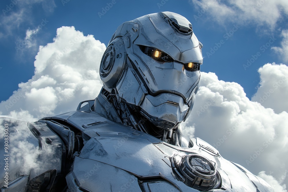 Poster armored robotic figure gazing into the sky symbolizing the strength precision and advanced technolog