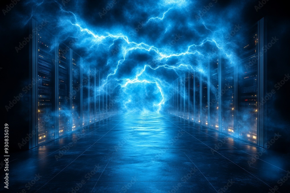 Aufkleber glowing blue storm cloud in a data center symbolizing the dynamic and powerful energy of cloud compu