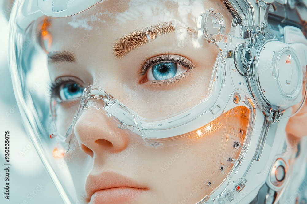 Poster close up of a futuristic human face with digital enhancements representing the integration of ai and