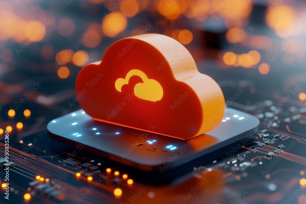 Poster glowing orange cloud icon on a digital tablet symbolizing the seamless interaction between cloud com