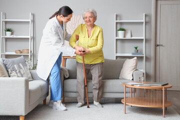 Fototapeta premium Senior woman with stick and physical therapist walking at home