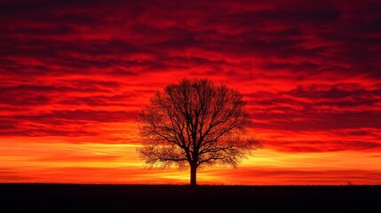 Fototapeta premium Solitary tree against dramatic red sunset sky