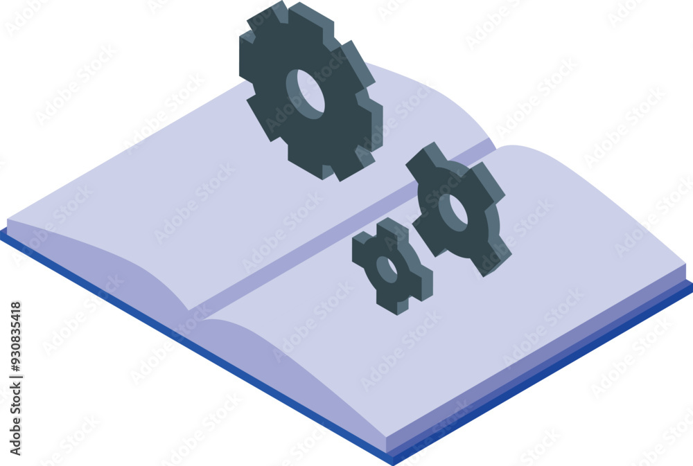 Poster open book generating gears symbolizing the power of knowledge to drive innovation