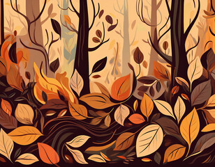 Abstract Forest Floor Illustration with Leaves, Twigs, and Bark in Simplified Shapes and Warm Colors