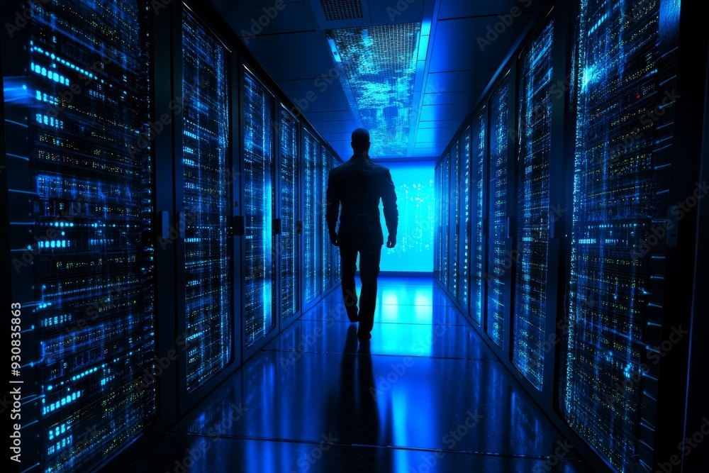 Poster silhouetted professional walking through a dark server room representing the secure and sophisticate