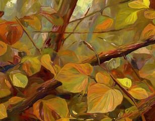 Abstract Forest Floor Illustration with Leaves, Twigs, and Bark in Simplified Shapes and Warm Colors