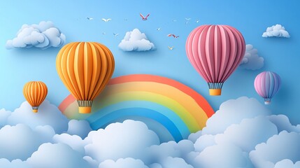 Fototapeta premium Colorful paper cut sky with hot air balloon,clouds and rainbow landscape background.