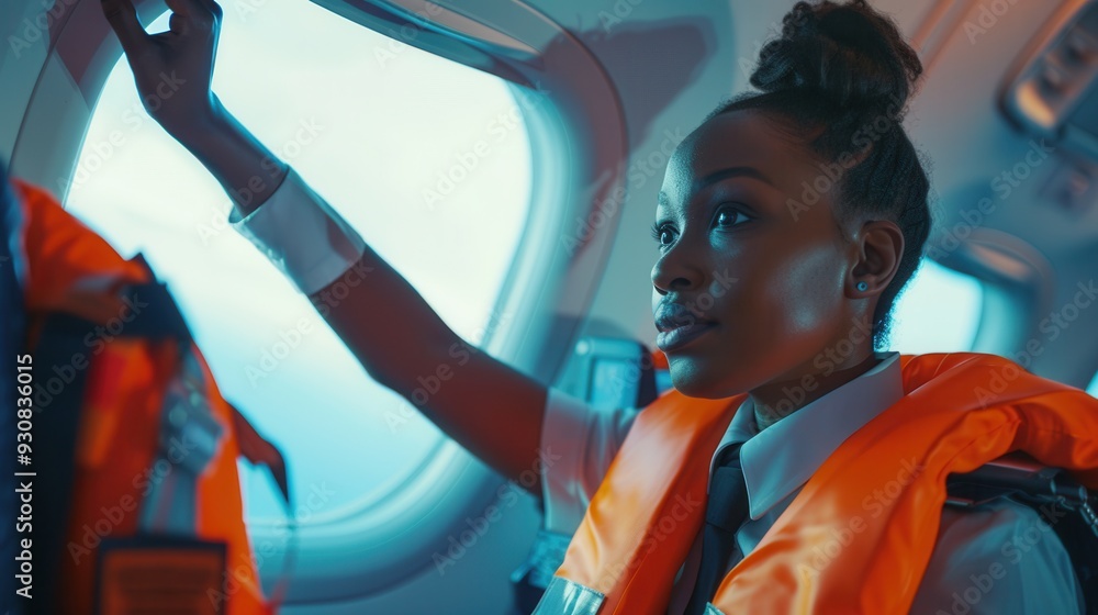 Poster a flight attendant in a bright orange life vest explains safety measures to passengers while standin