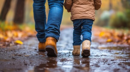 Parent and child walking in rain on muddy path