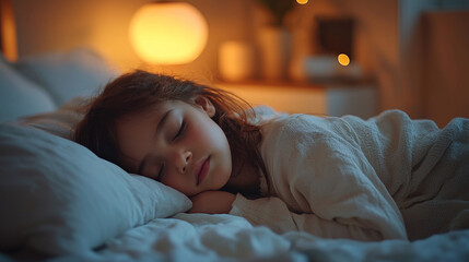 A cute little girl sleeping sweetly in her bed in her room, with a nightlight burning in the background. Girl sleeping with her head in her hand