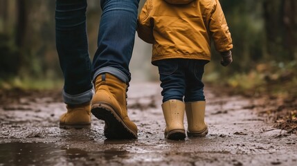 Child and adult in boots walking on a muddy path, shot from behind