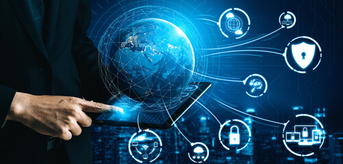 Cyber Security and Digital Data Protection Concept. Icon interface showing secure firewall technology for online data access defense against hacker, virus and insecure information for privacy. uds