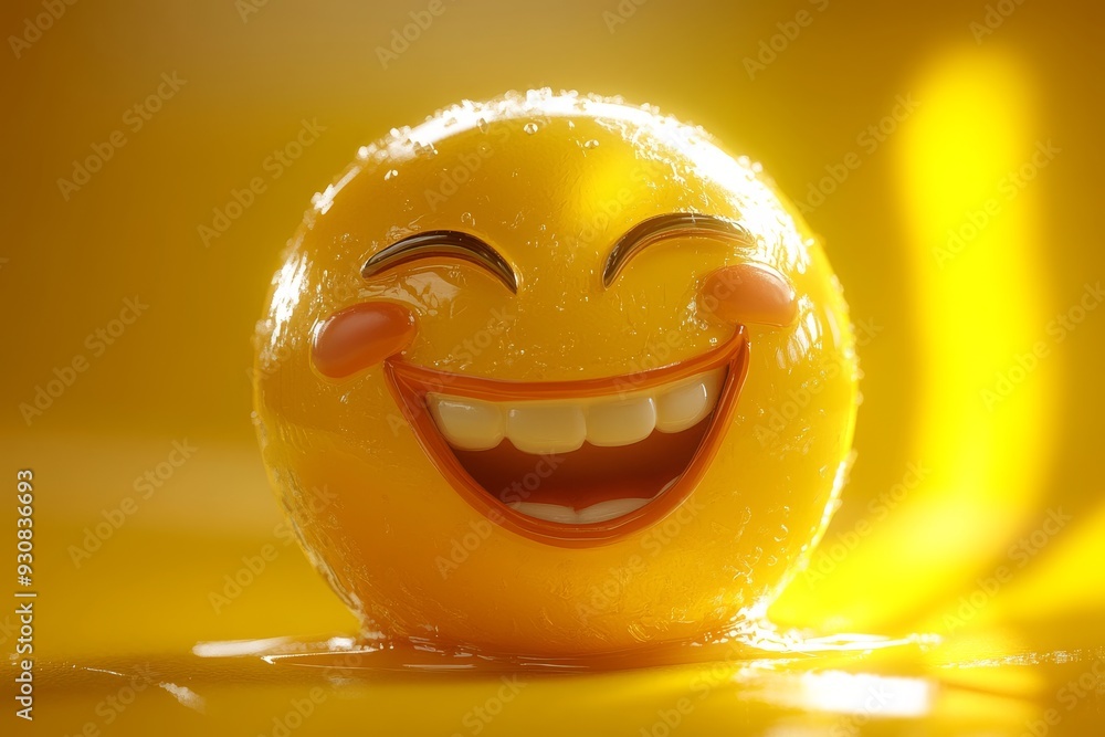 Poster 3D rendering of a smiling yellow face on a bright background symbolizing joy positivity and happiness in a simple modern representation of emotions and expressions