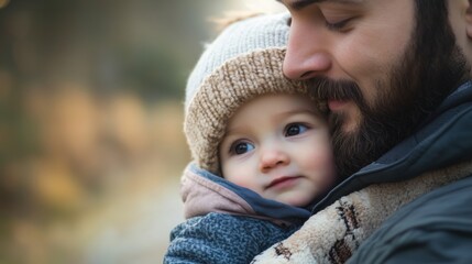 Father holding baby close in a winter setting