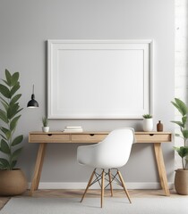 Mockup of a plain white frame in a study interior with rustic decor, 3d rendering