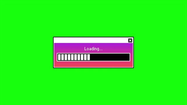 Loading progress bar on green chroma key. Alert window tab on computer monitor with loading message. Classic operating system user interface element.