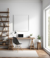 Mockup of a plain white frame in a study interior with rustic decor, 3d rendering