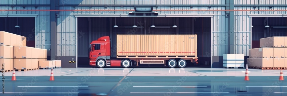Poster cargo container filled with package boxes next to trailer truck at loading dock for delivery and shi
