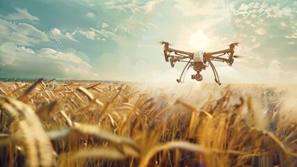 a drone flying over a golden wheat field under a bright, sunny sky, symbolizing modern technology in agriculture - Powered by Adobe