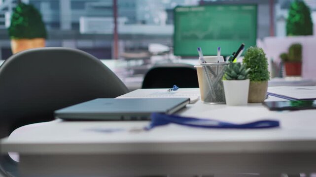 Corporate office in a high end building ready for job interviews and recruiting staff, human resources department. Empty workspace used for the recruitment process and resumes selection.