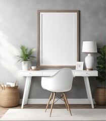 Mockup of a plain white frame in a study interior with rustic decor, 3d rendering