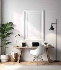 Mockup of a plain white frame in a study interior with rustic decor, 3d rendering