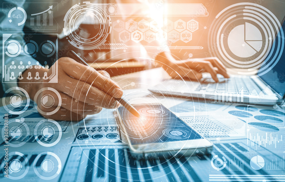 Poster data analysis for business and finance concept. interface showing future computer technology of prof