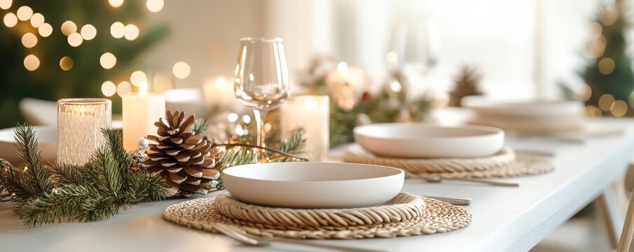 Boho Christmas, festive table setting with natural accents, 3D illustration