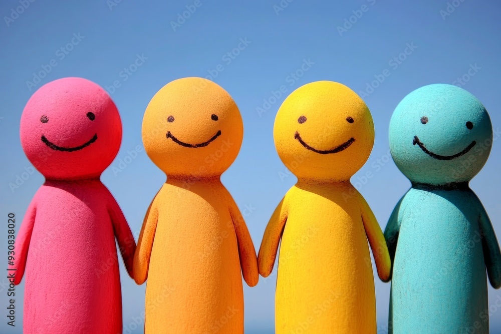 Poster row of colorful smiley face figurines symbolizing diversity positivity and unity in a modern playful