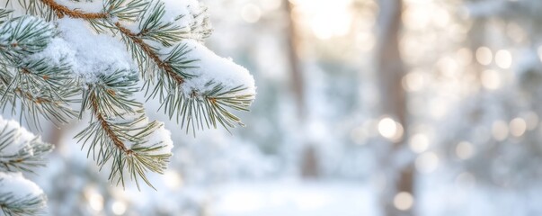 Snow-covered pine branch in a winter