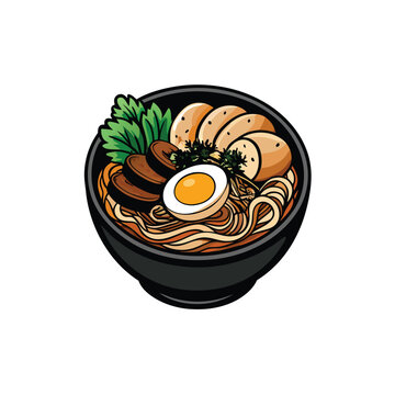 recommend clip art: A vector image of a steaming bowl of ramen with sliced pork, egg, and green onions.