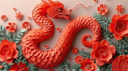 Obraz premium Chinese New Year snake character. Zodiac sign year of the snake with cherry blossom flower pattern on snake red color. Illustration design of background, card, sticker, calendar