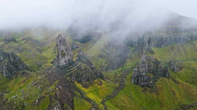 Aerial view of Scenic Old Man of Storr on Isle of Skye, Scotland.  The Storr large standing formation of rock part of the Trotternish ridge. Scottish Highlands, United Kingdom. Landscape of Scotland.
