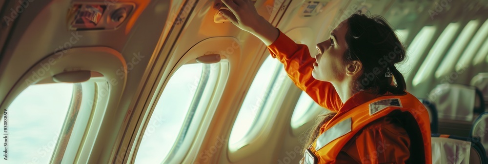 Poster a flight attendant is shown reaching to secure an overhead compartment inside an airplane, ensuring 