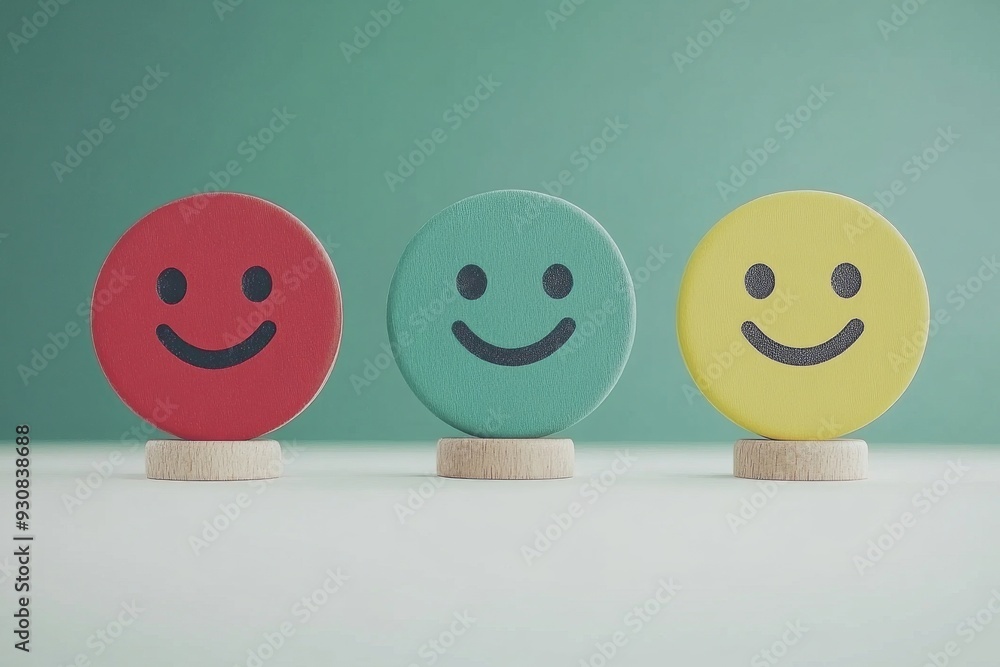 Poster three colorful smiley discs standing in a row against a green background representing diversity happ