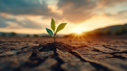 A small green plant grows out of cracked, dry soil with a beautiful sunset in the background, symbolizing hope and resilience.