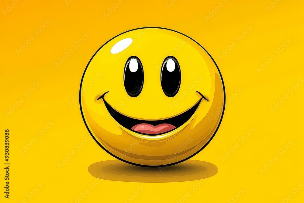 Poster bright yellow smiley ball with a big grin on a clean yellow background representing positivity joy a