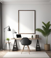 Mockup of a plain white frame in a study interior with rustic decor, 3d rendering