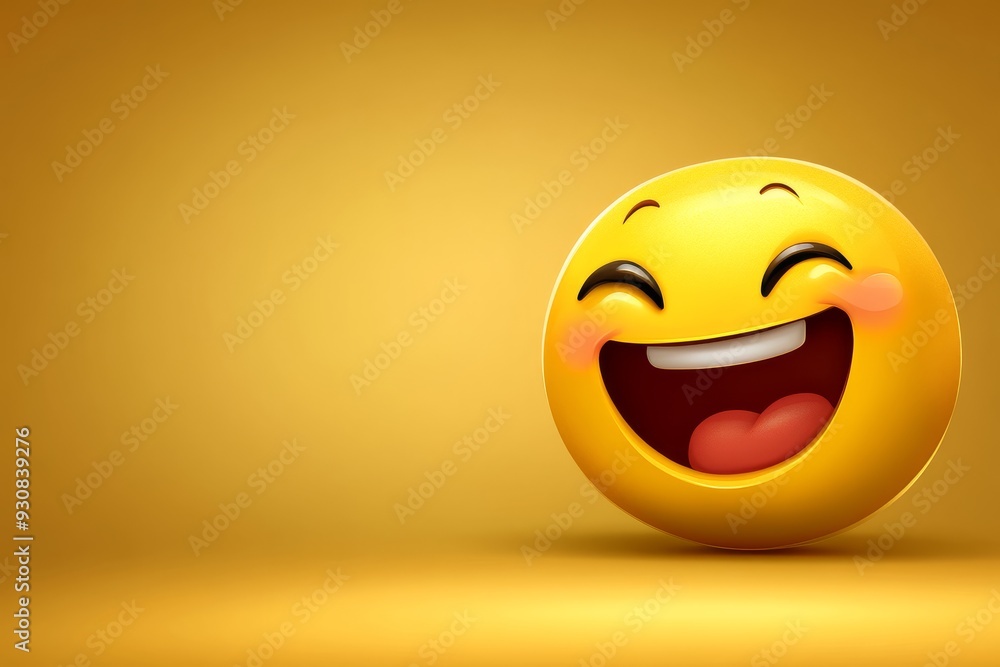 Poster bright yellow emoji with a huge laugh on a clean yellow background capturing the essence of joy fun 
