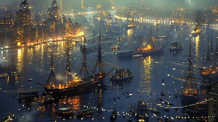 A vibrant night scene of ships illuminated in a bustling harbor with city lights.