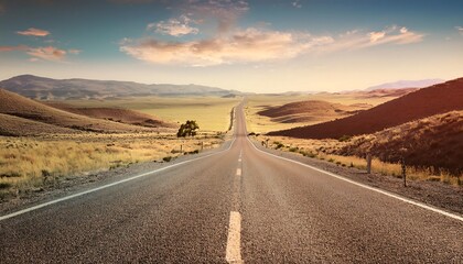 Open Road day - A vintage-style illustration of a long, empty road. The background featuring road landscape. Graphic art illustration background