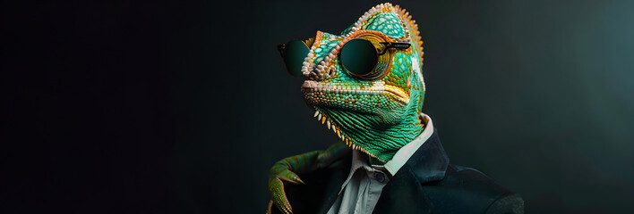 Corporate Chameleon A Stylishly Dressed Reptile in Sunglasses and a Suit Conveying a Concept of Adaptability Professionalism and Innovative Thinking in the Business World