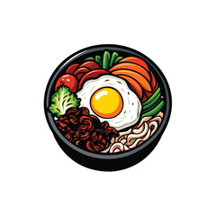 Vector illustration of a bibimbap bowl with a fried egg, meat, vegetables, and rice.