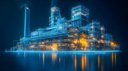 Fototapeta premium Green engineering renewable energy sources. Nuclear power plant, wind power plant, rafinery. Sketch of renewable energy sources construction structure. White sketch on black stable background