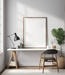 Mockup of a plain white frame in a study interior with rustic decor, 3d rendering