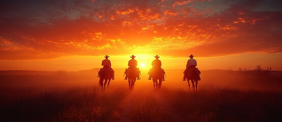 Fototapeta premium Silhouettes of a group of cowboys gallop on desert at sunset scene