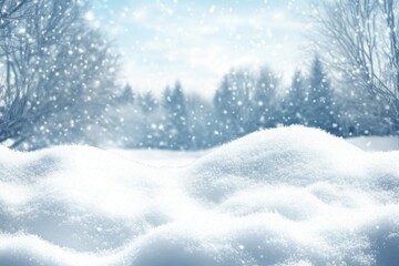 Fototapeta premium Snowy winter landscape with snow-covered ground and falling snowflakes, creating a serene cold atmosphere with distant snow-capped trees.