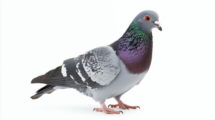 A colorful pigeon standing against a white background.